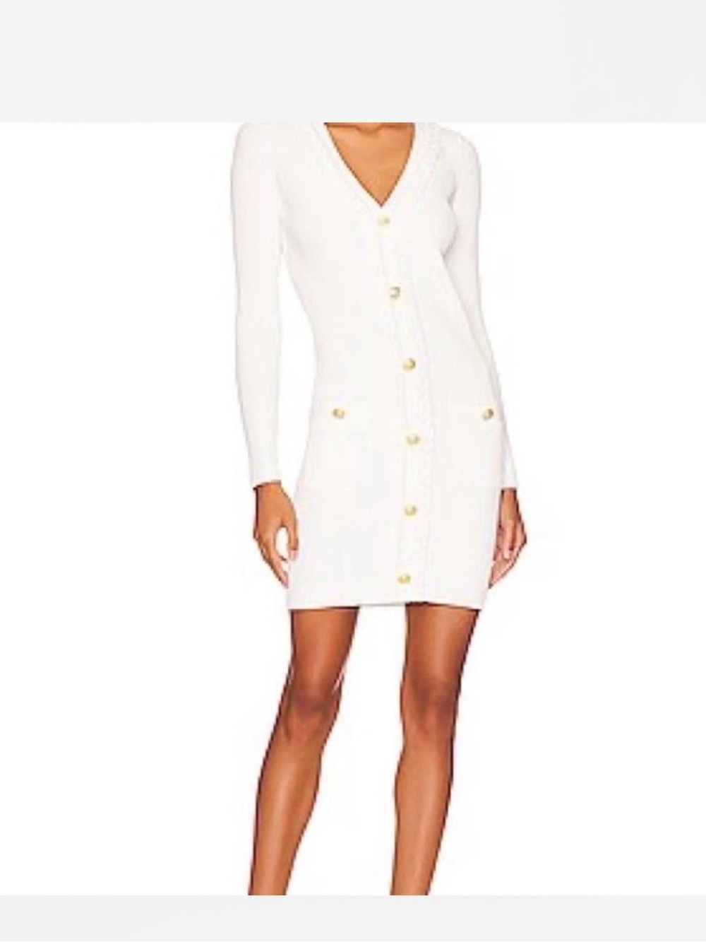 Milly Ivory Ribbed V-Neck Cardigan Dress with Braided Trim